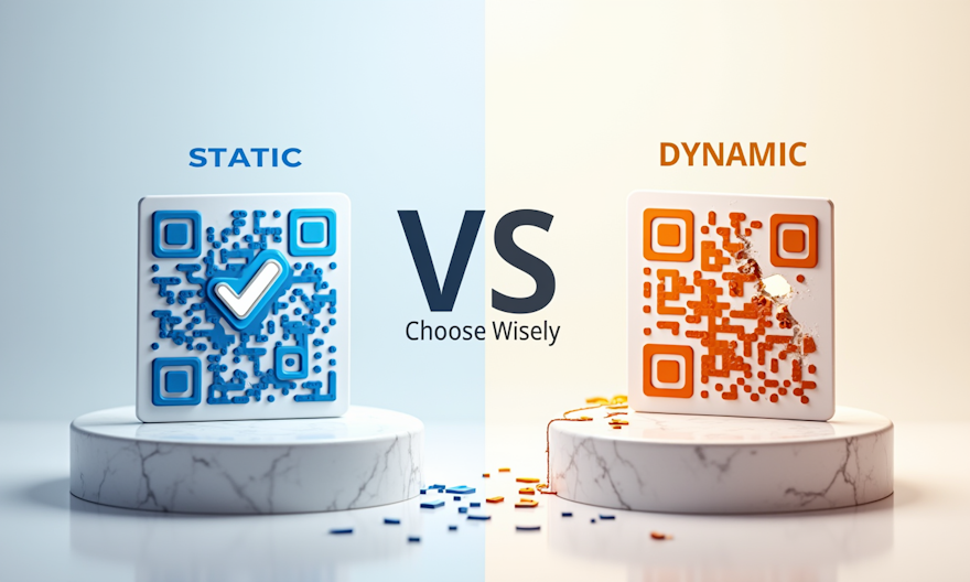 Static vs Dynamic QR Code Comparison: Simple permanent code (left) vs complex temporary solution (right). Codex QR shown as reliable choice.