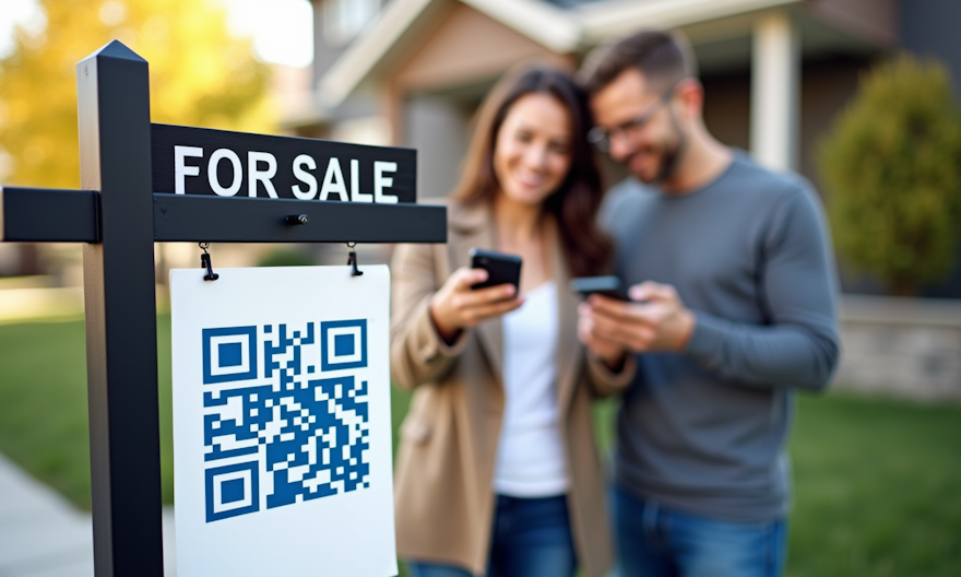 Real estate QR code comparison: Static QR code (blue, working) vs broken dynamic code (red) on ‘For Sale’ signs. Codex QR shown as reliable solution.