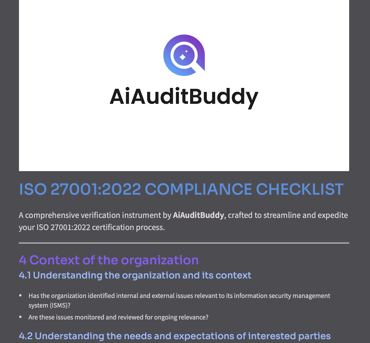 ISO 27001:2022 compliance checklist by AiAuditBuddy — a complete audit readiness tool for security certification and compliance verification.
