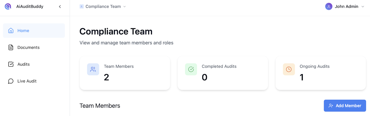 AiAuditBuddy compliance team dashboard showing team members and audit progress — AI audit readiness platform for ISO 27001 and SOC 2 compliance.