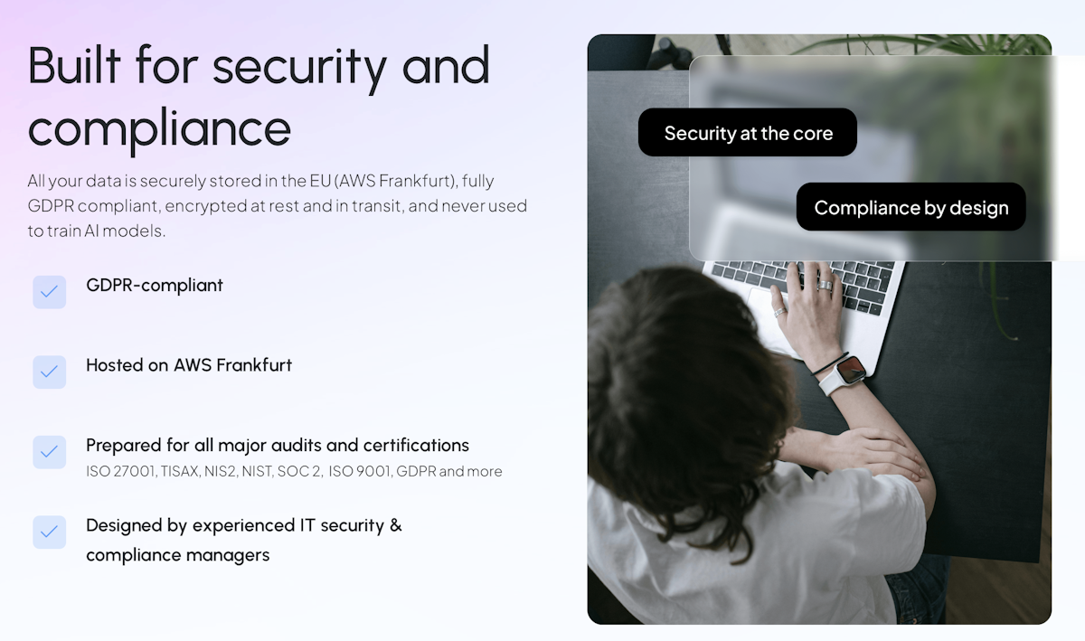 Professional reviewing GDPR compliance dashboard in AiAuditBuddy — AI-powered audit readiness and data security platform hosted on AWS Frankfurt.