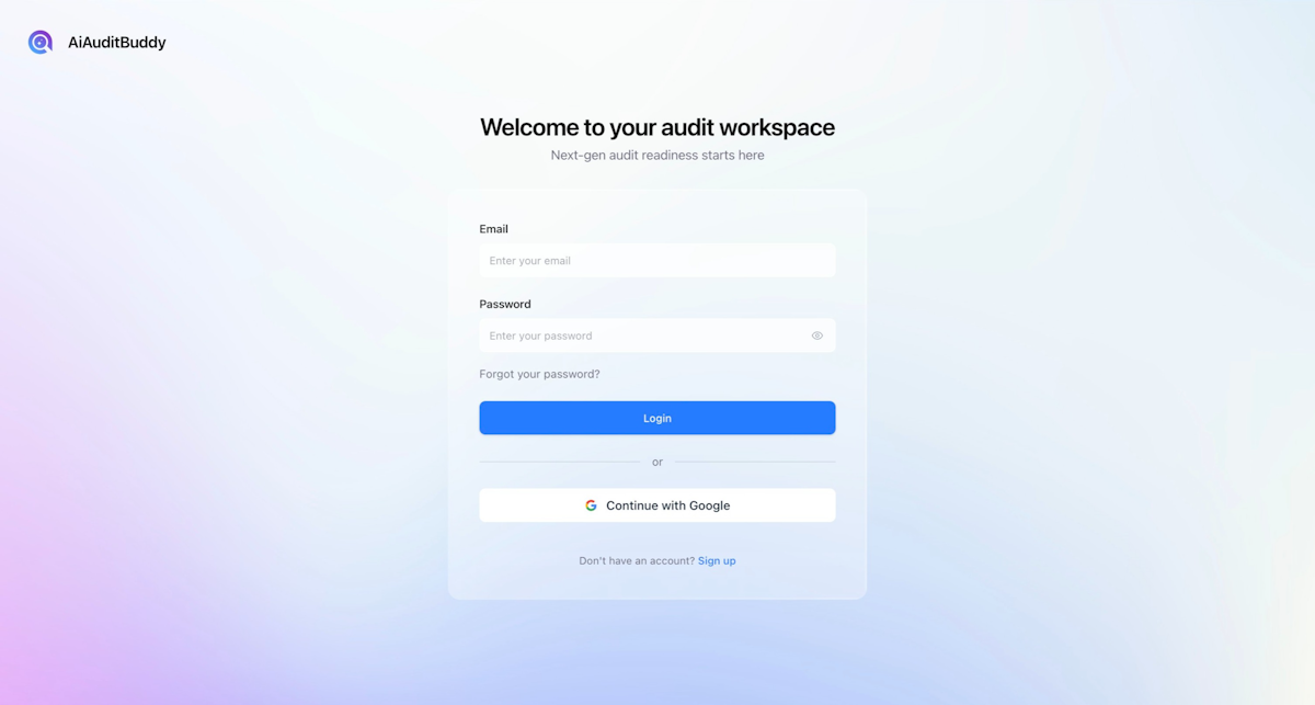 AiAuditBuddy login and signup interface — secure access to the AI audit readiness and compliance automation platform.