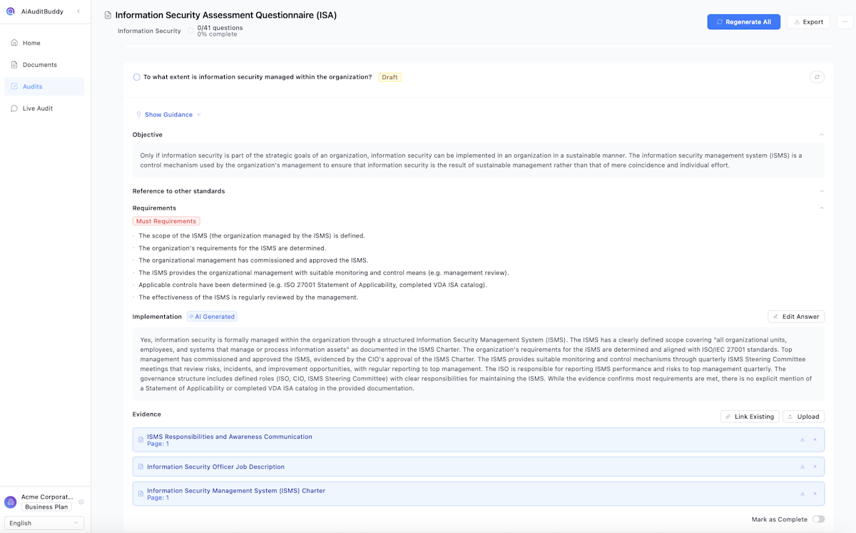 AiAuditBuddy interface analyzing TISAX control with AI-generated compliance response.