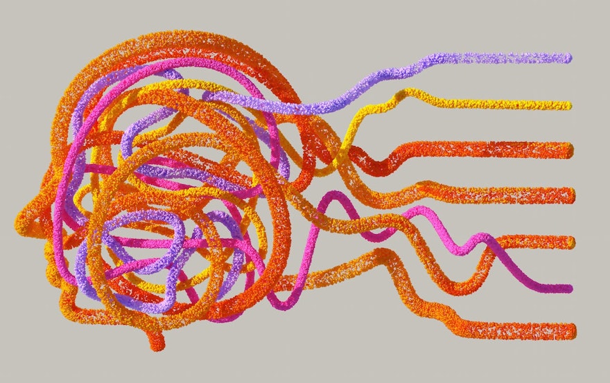 Ilustration de l'IA avec une tête représentée par des fils de différentes couleurs