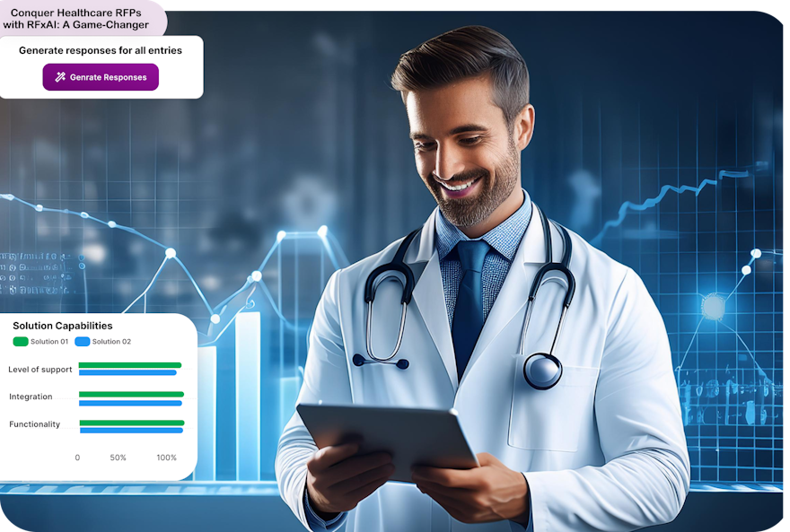 Healthcare professional using AI to analyze RFP data on a tablet