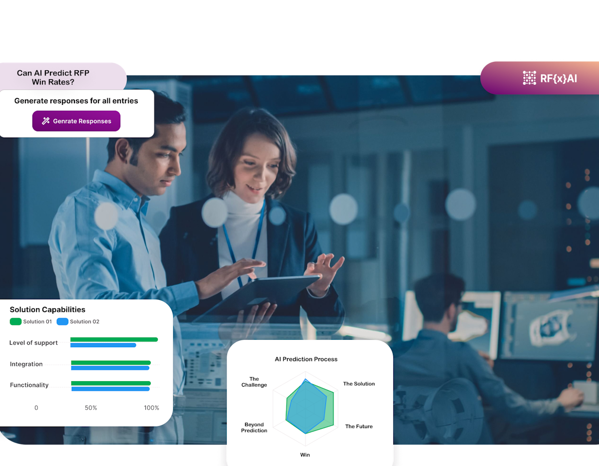 Business person analyzing RFP document with AI graphic overlay, highlighting data-driven approach