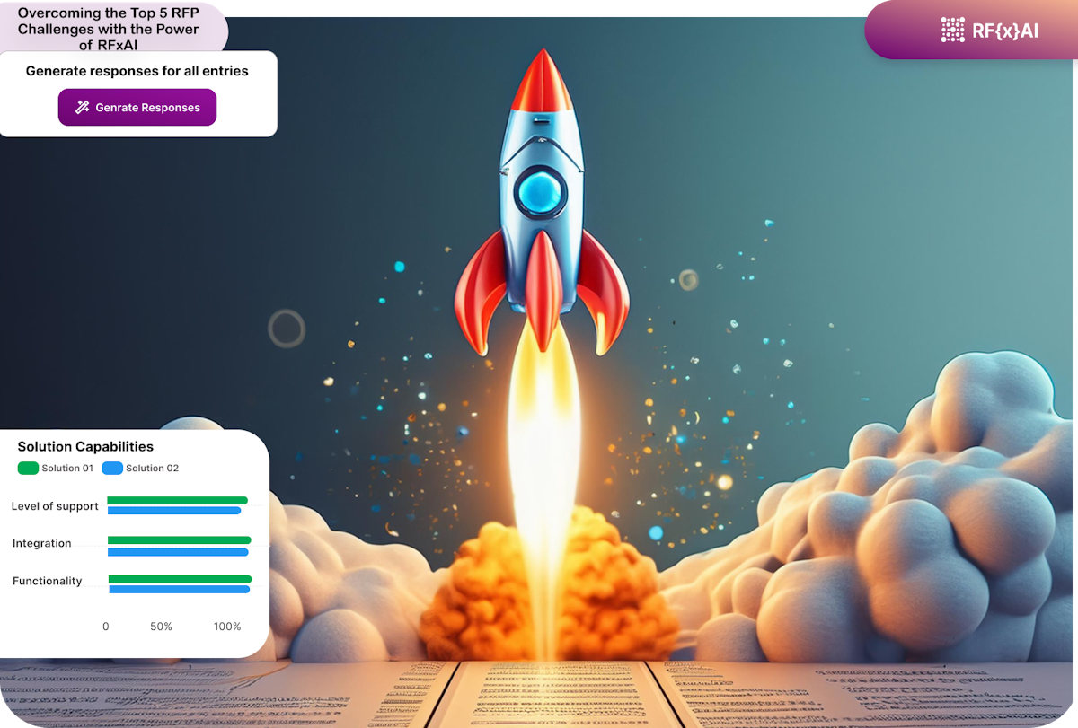 Rocket launching from an RFP document, representing overcoming challenges and achieving success in the RFP process