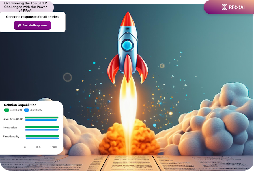 Rocket launching from an RFP document, representing overcoming challenges and achieving success in the RFP process