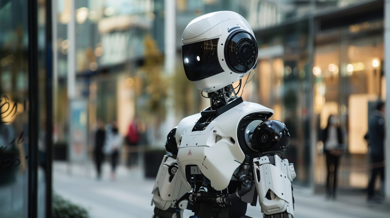 Ein fortschrittlicher humanoider Roboter auf einem belebten Gehweg in der Stadt, mit einem glatten weißen Körper und einem schwarzen Visier, ähnlich einem futuristischen Helm. Das Bild spiegelt die fortschreitende Integration von Robotern in alltägliche urbane Umgebungen wider