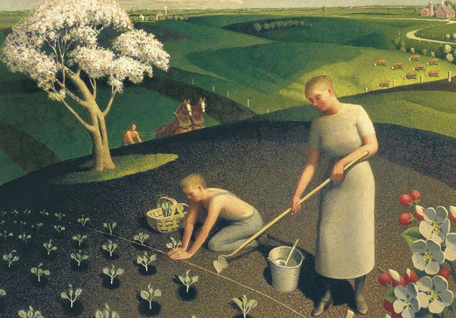 Grant Wood. — « Spring in the Country » (L’été à la campagne), 1941. Grant Wood était directeur du Public Works Art Project de l’Iowa, une des agences du New Deal qui a salarié 3749 artistes entre décembre 1933 et juin 1934.