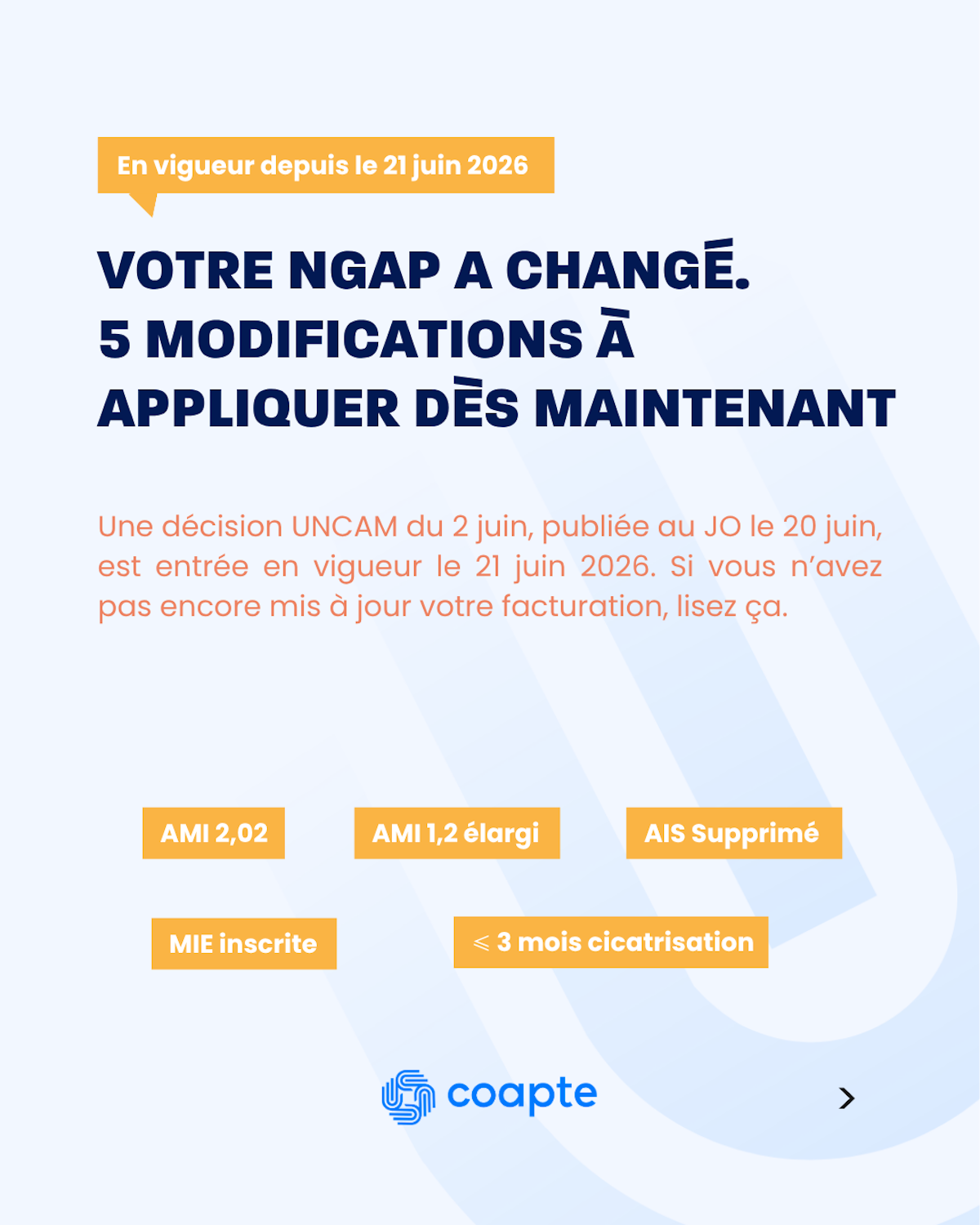 nouvelles cotations NGAP infirmier libéral 21 juin 2026 AMI pansement COAPTE Martinique Guadeloupe Guyane