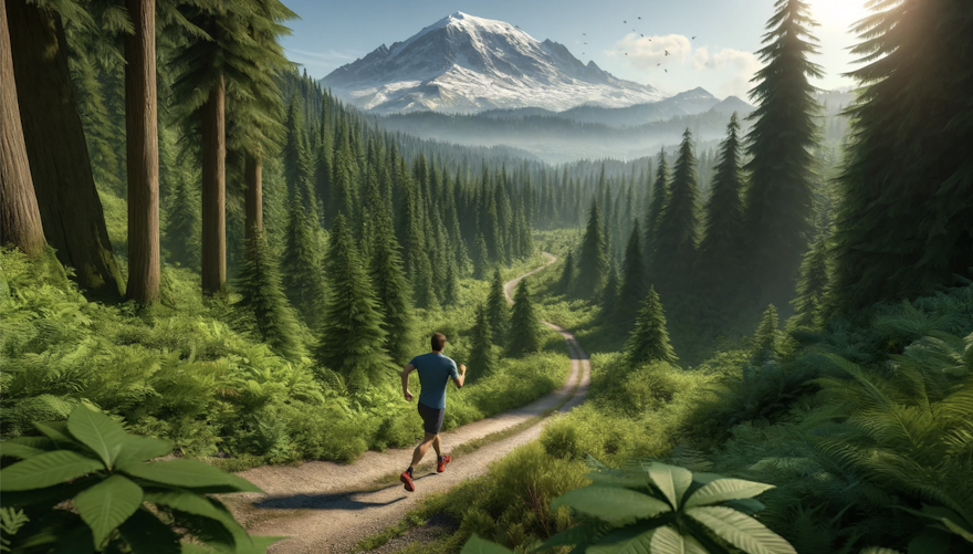 Realistic view of a trail in Washington State, with a runner in the foreground, surrounded by lush green forests and a snow-capped mountain in the background.