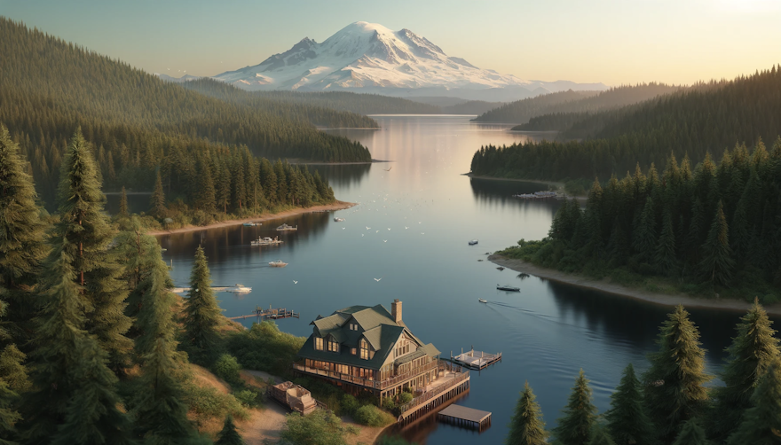 Photorealistic view of Lake Tapps in Washington State with Mt. Rainier in the background, showcasing clear water, lush evergreen forests, and a cozy lakefront home with a wooden deck.