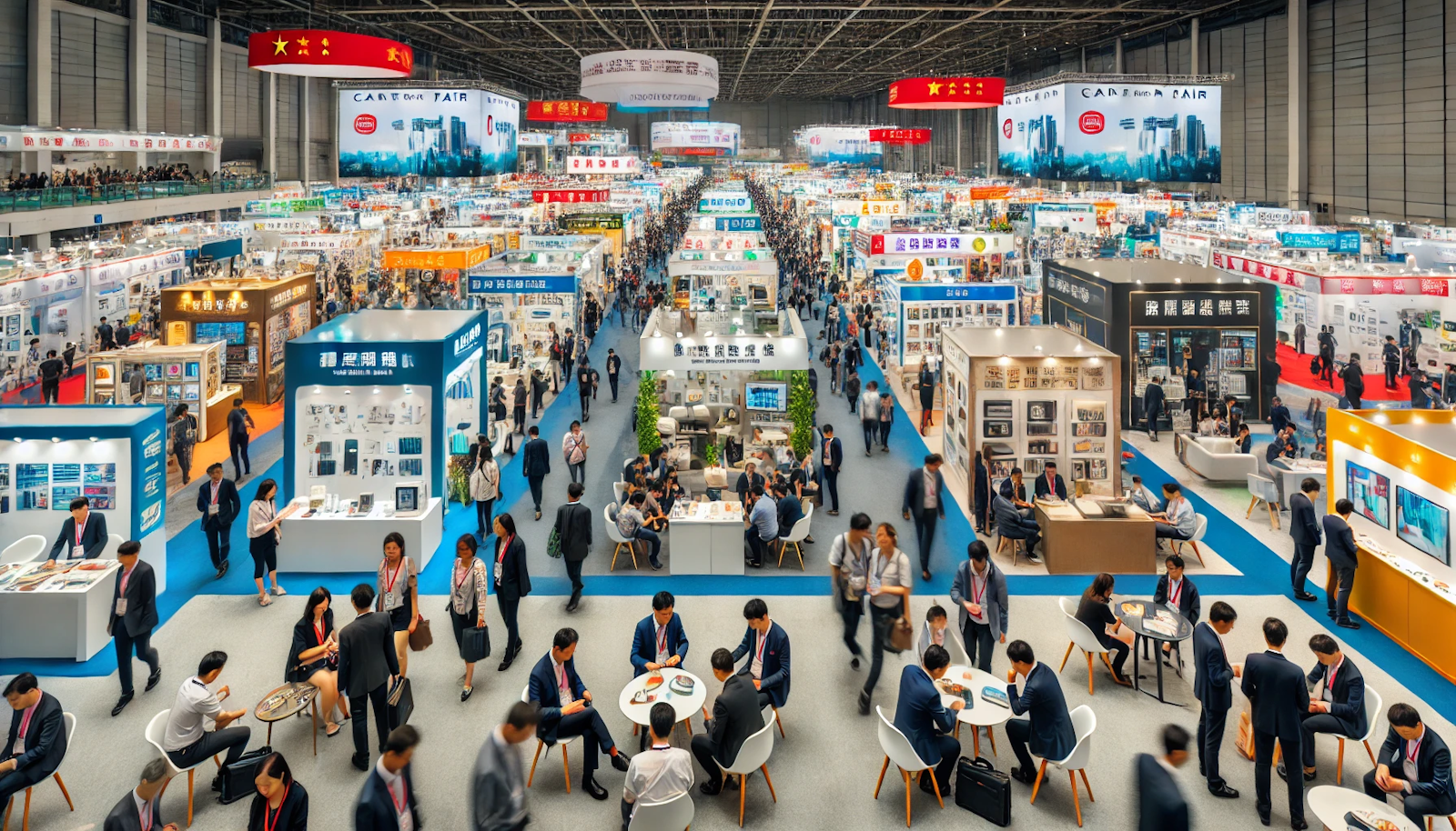 A bustling trade fair scene at the Canton Fair in Guangzhou, China, showcasing a large exhibition hall filled with various booths displaying different products. Attendees, including international buyers and exhibitors, are engaged in discussions, examining products, and exchanging business cards. The backdrop features banners and signage in both English and Chinese, capturing the dynamic and energetic atmosphere of this major international trade event.