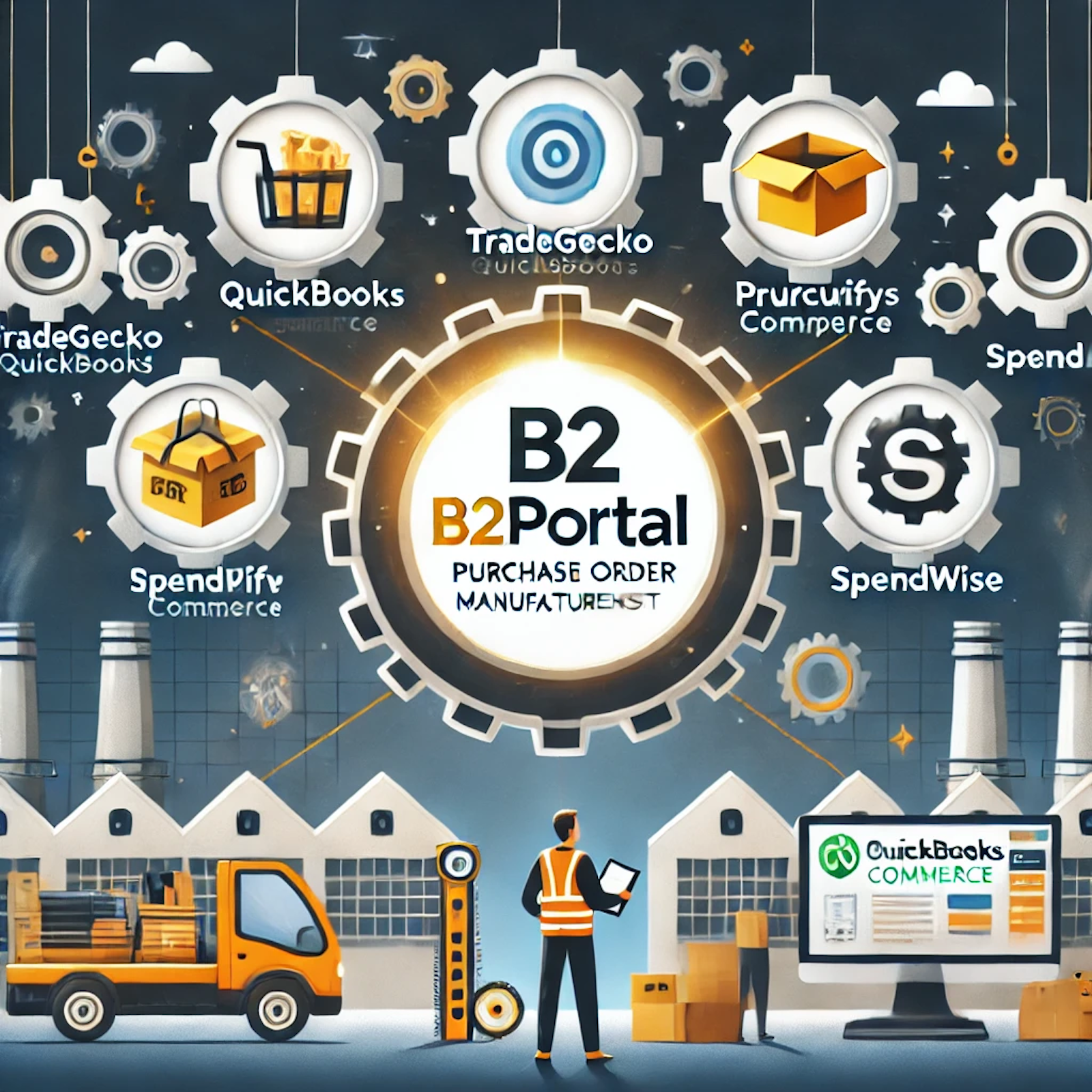 An image showcasing the top 5 Purchase Order management software systems for manufacturing companies. B2Portal is highlighted as the top option with a glowing effect, emphasizing its simplicity, ease of use, and affordability. The image features a clean, professional design with icons representing each software, including TradeGecko (QuickBooks Commerce), Procurify, Spendwise, and Coupa. The background includes manufacturing elements such as gears, factories, and machinery.