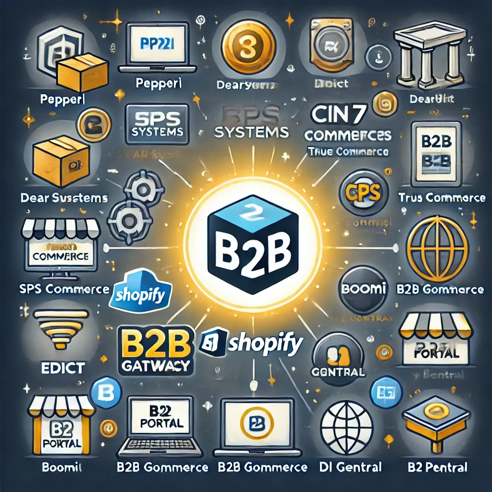 Comprehensive overview of top B2B platforms and integration solutions for Shopify, including Pepperi, DearSystems, SPS Commerce, Edict, Cin 7, True Commerce, B2B Gateway, Boomi, DI Central, and B2Portal, highlighting B2Portal as the best solution for its simplicity, affordability, and flexibility.