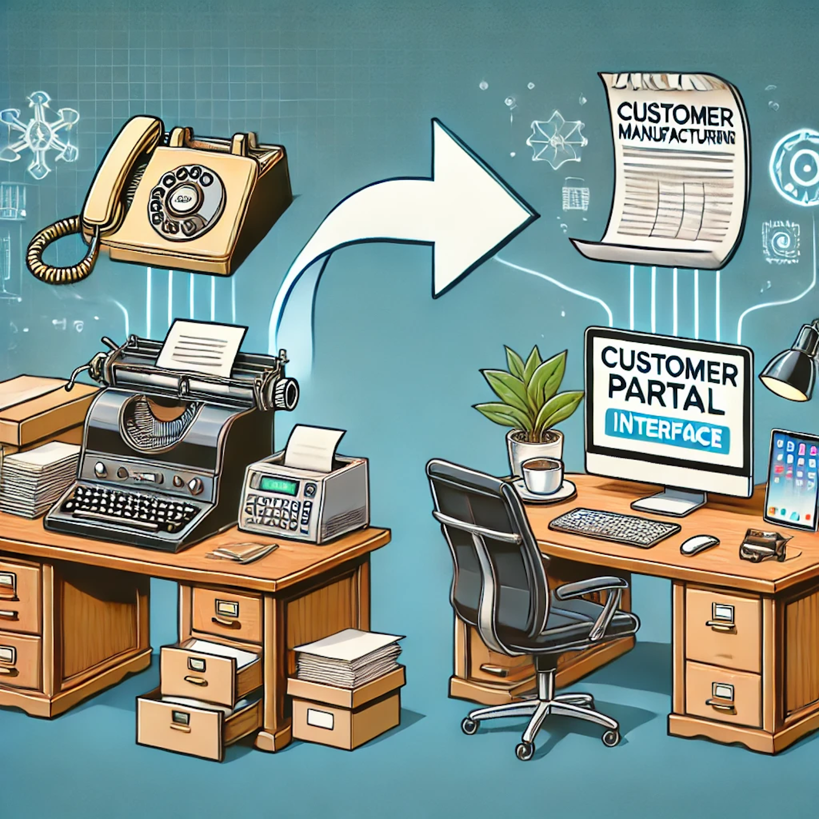 Digital transformation in OEM manufacturing depicted through an illustration featuring two contrasting desks: on the left, an old-fashioned desk with a rotary phone, fax machine, and stacks of papers representing traditional methods; on the right, a modern desk equipped with a computer displaying a customer portal interface, a digital tablet, and a cup of coffee, symbolizing the adoption of digital platforms. An arrow flows from the old desk to the modern one, indicating the progression towards digitalization. The background is neutral, and the overall tone is vibrant yet professional