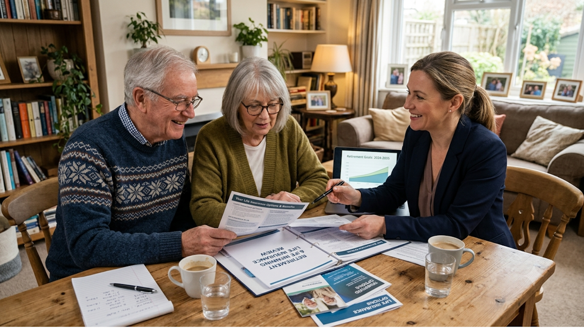 Seniorr couple reviewing life insurance policy documents with a financial professional.