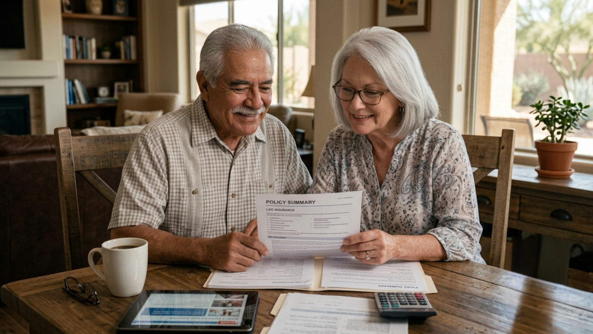 Senior couple reviewing a life insurance policy as part of retirement and financial planning.