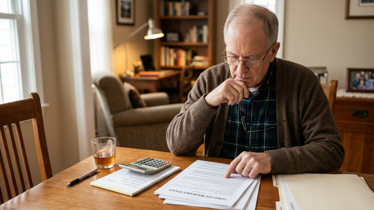Older man reviewing a term life insurance policy document at home with financial planning materials nearby