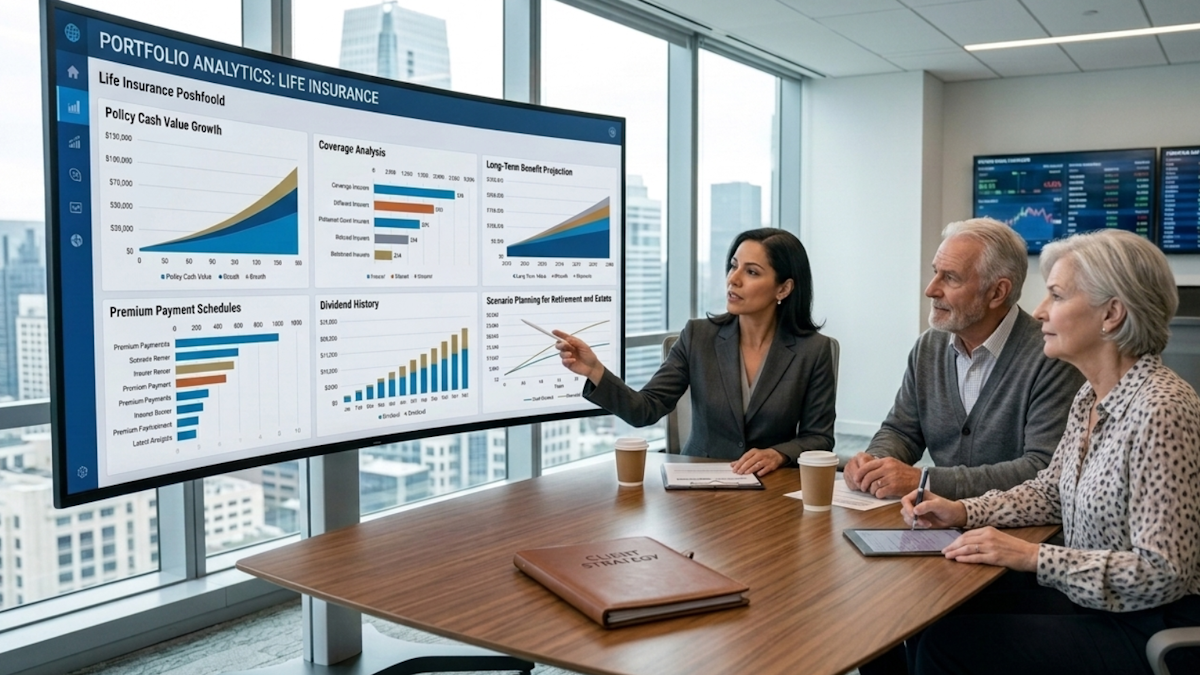 Financial advisor analyzing life insurance policy options and retirement planning strategies with clients