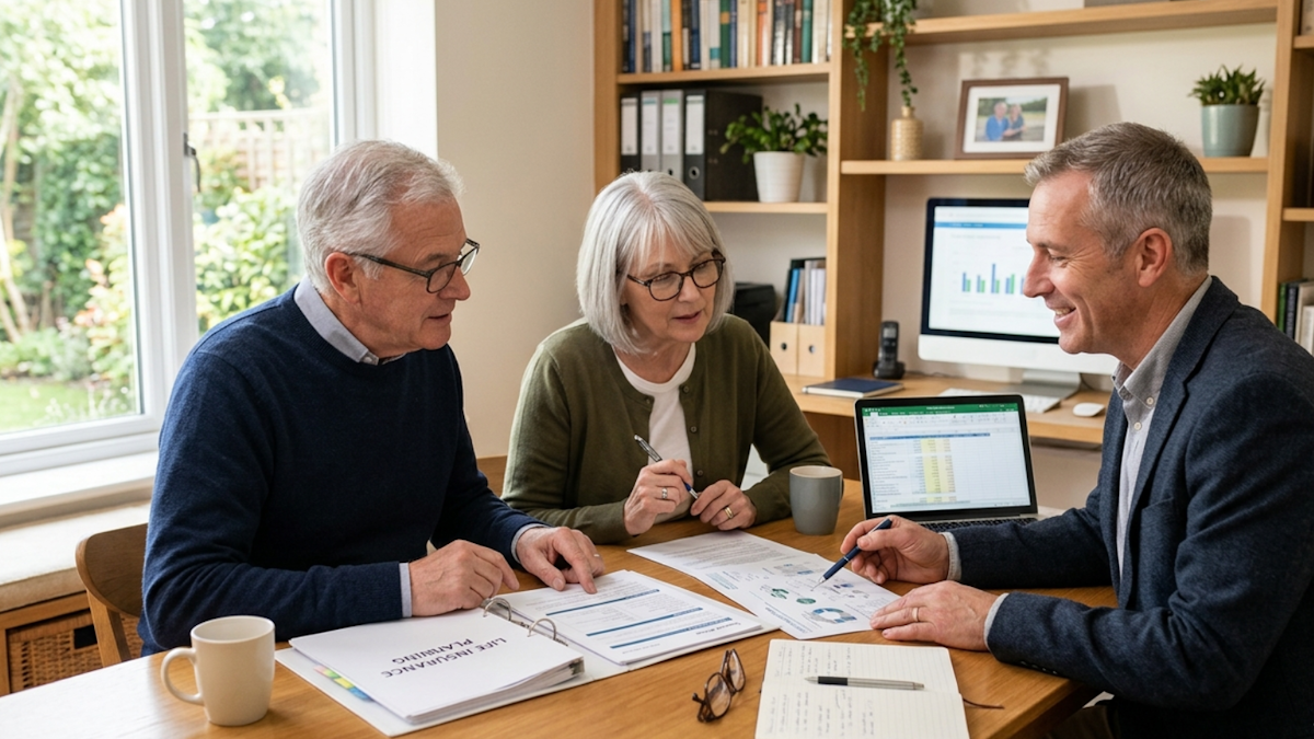 Professional older couple reviewing life insurance paperwork with a financial advisor during a retirement planning consultation.