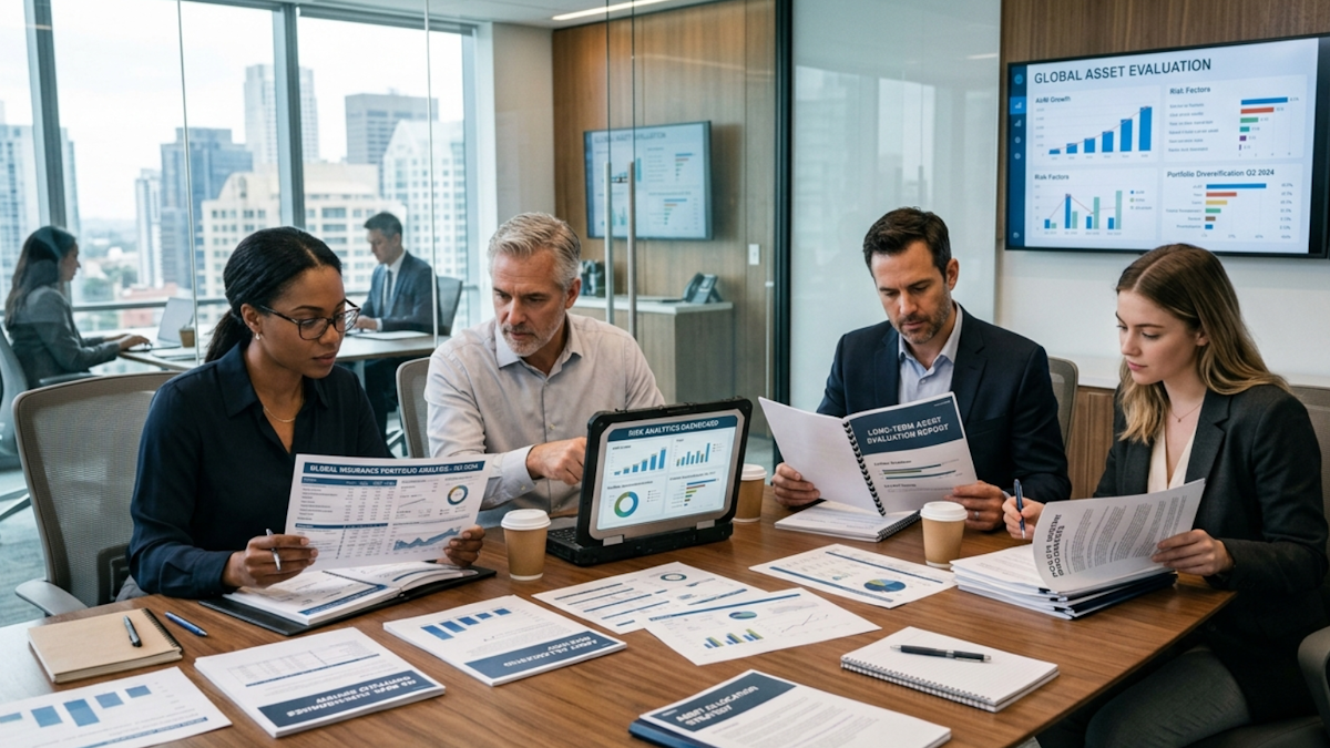 Financial professionals reviewing life settlement investment portfolio analysis and policy data