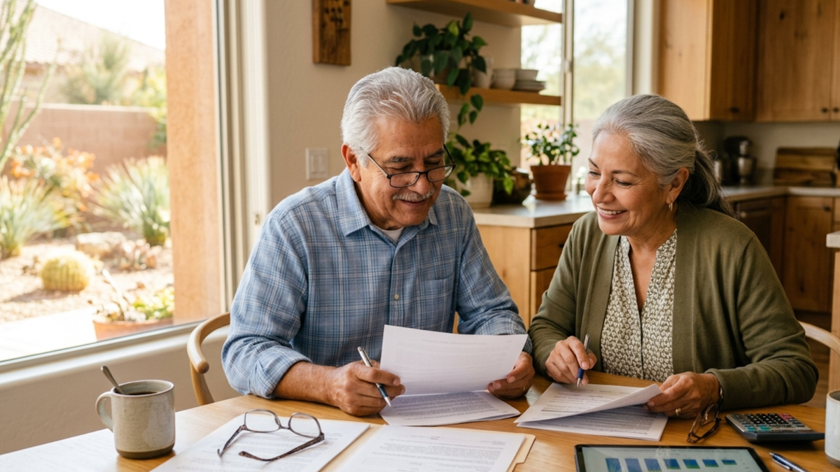 A retired couple in their early 70s reviewing a life insurance policy document with a financial folder at a kitchen table.
