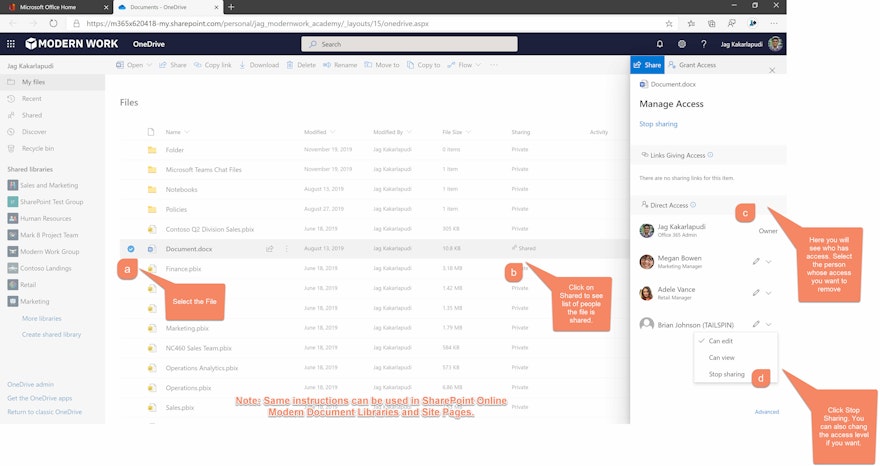 How to remove existing access to files in OneDrive for Business