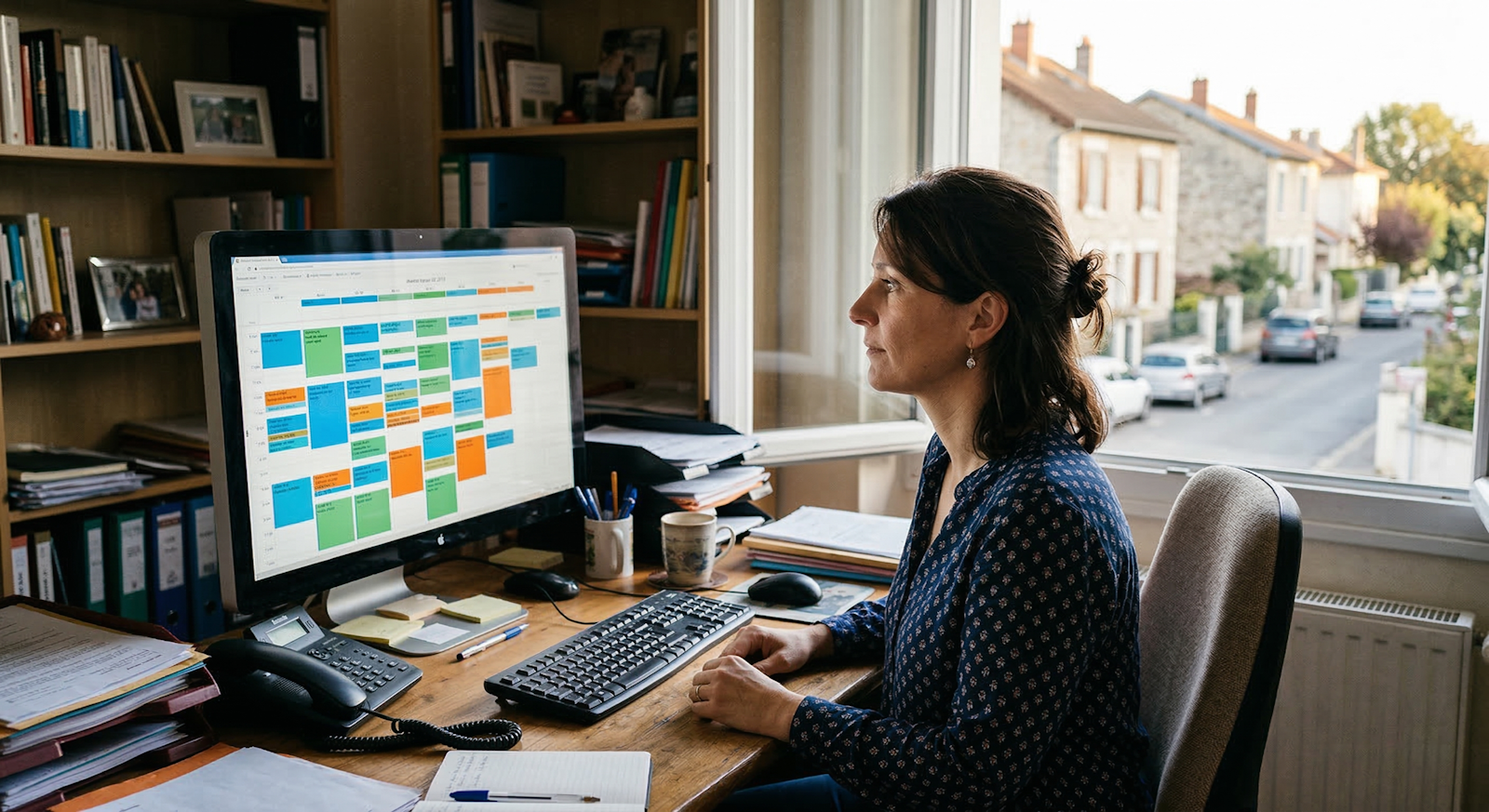 Une responsable de secteur en aide à domicile assise devant un écran de planning, le regard tourné vers la fenêtre donnant sur une rue résidentielle. L'image illustre la tension entre le temps passé sur la gestion administrative et le besoin d'être présente sur le terrain.