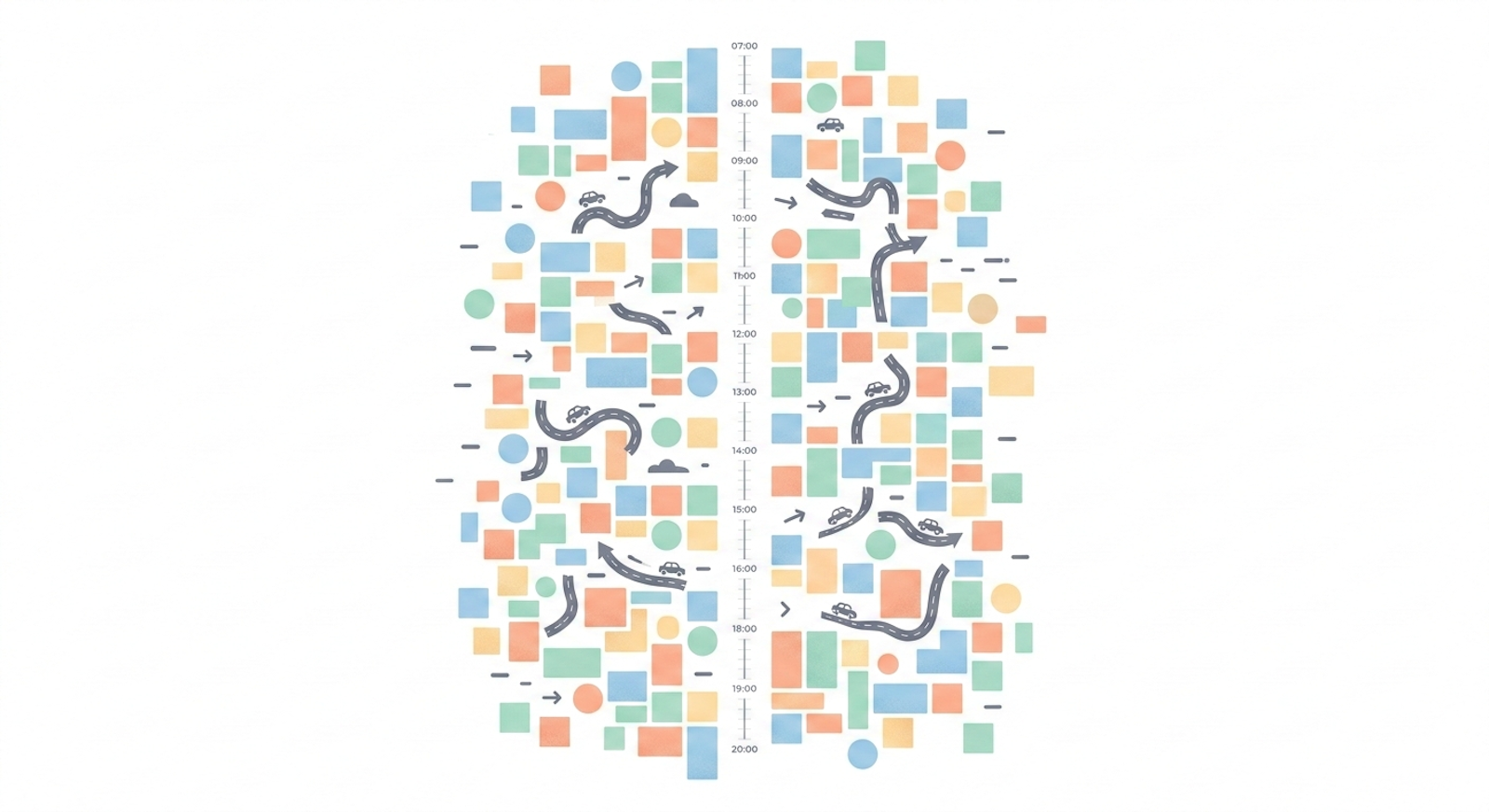 Illustration d'un planning d'aide à domicile fragmenté par de nombreuses petites interventions d'une heure avec des temps de trajet entre chaque créneau