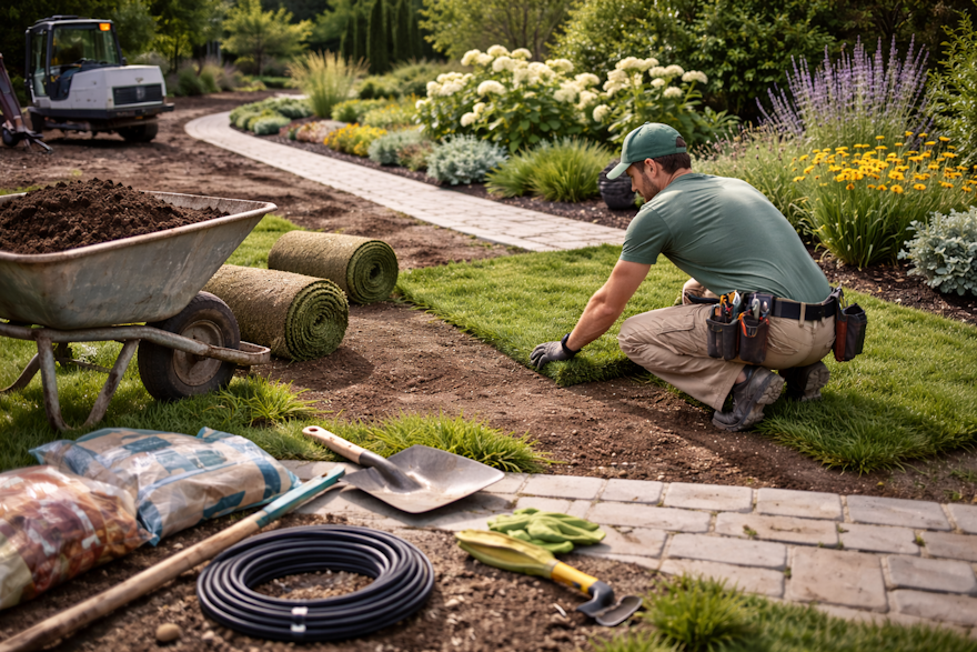 Paysagiste professionnel sur chantier d’aménagement extérieur assuré en décennale