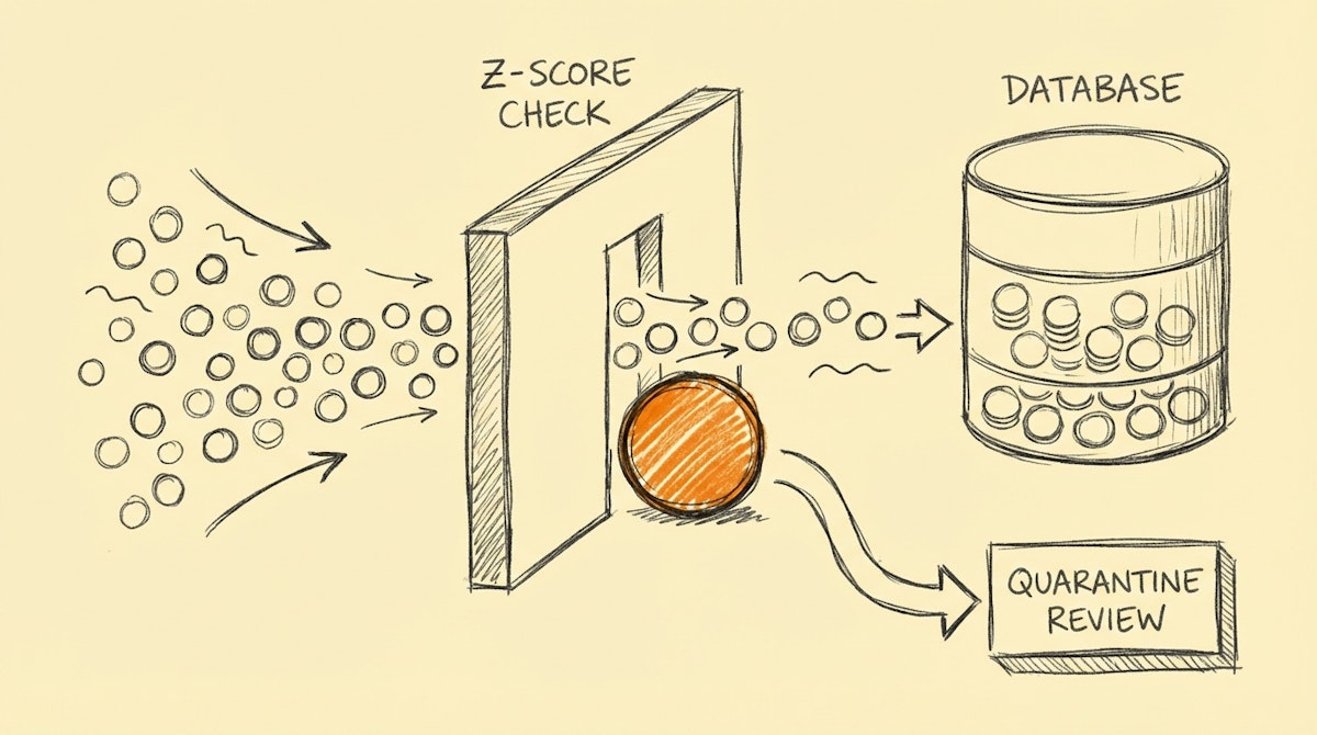 Diagram showing a data stream passing through a statistical gate where outliers are diverted to a review loop while clean data proceeds to the database.