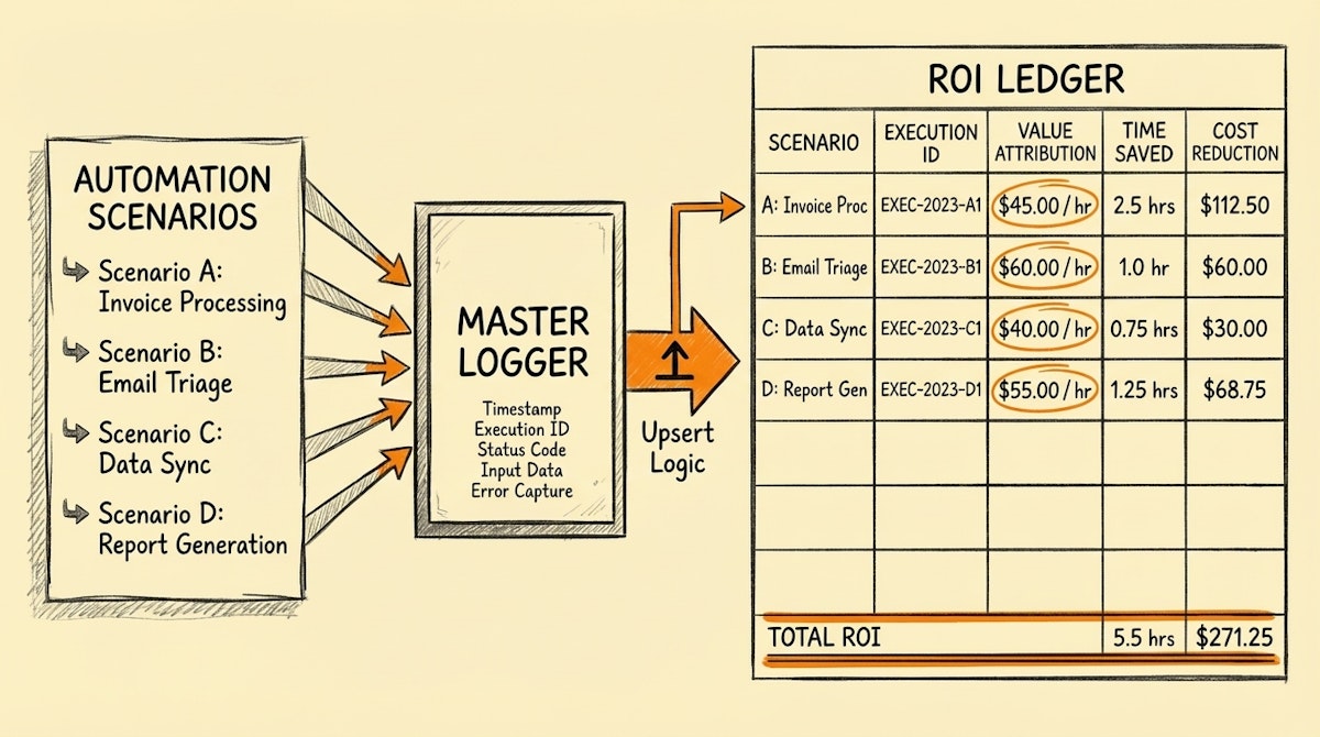 Diagram showing a data flow where multiple automation scenarios feed unique execution IDs into a central ledger database.