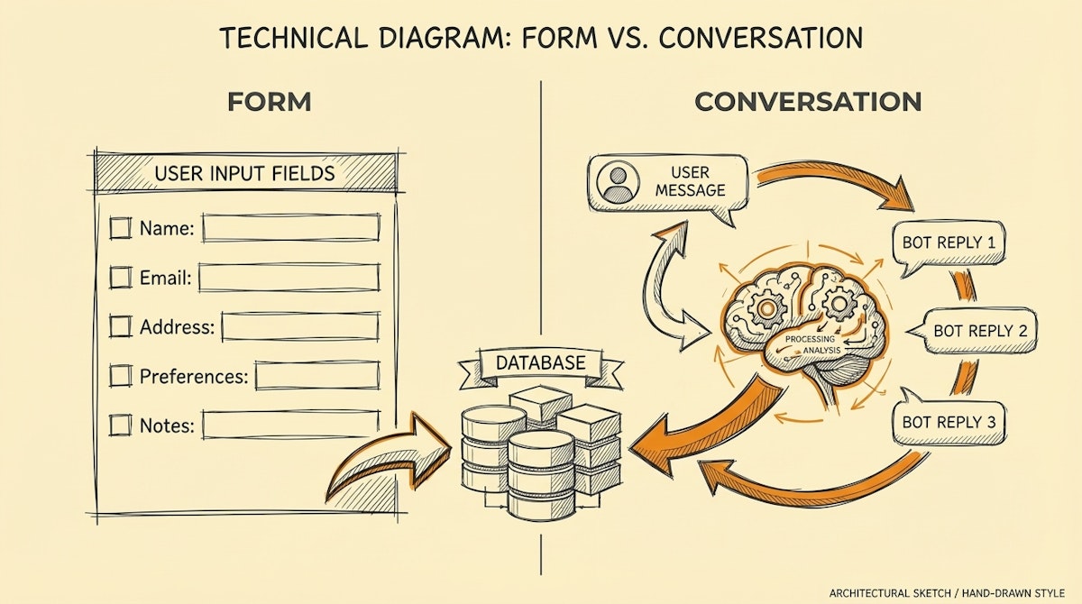 Diagram comparing a linear form submission process versus a cyclical conversational loop with an LLM backend.