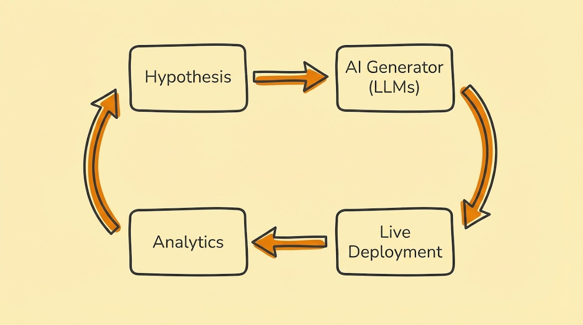 Diagram showing a circular automated experimentation loop connecting hypothesis, AI generation, and data analysis.