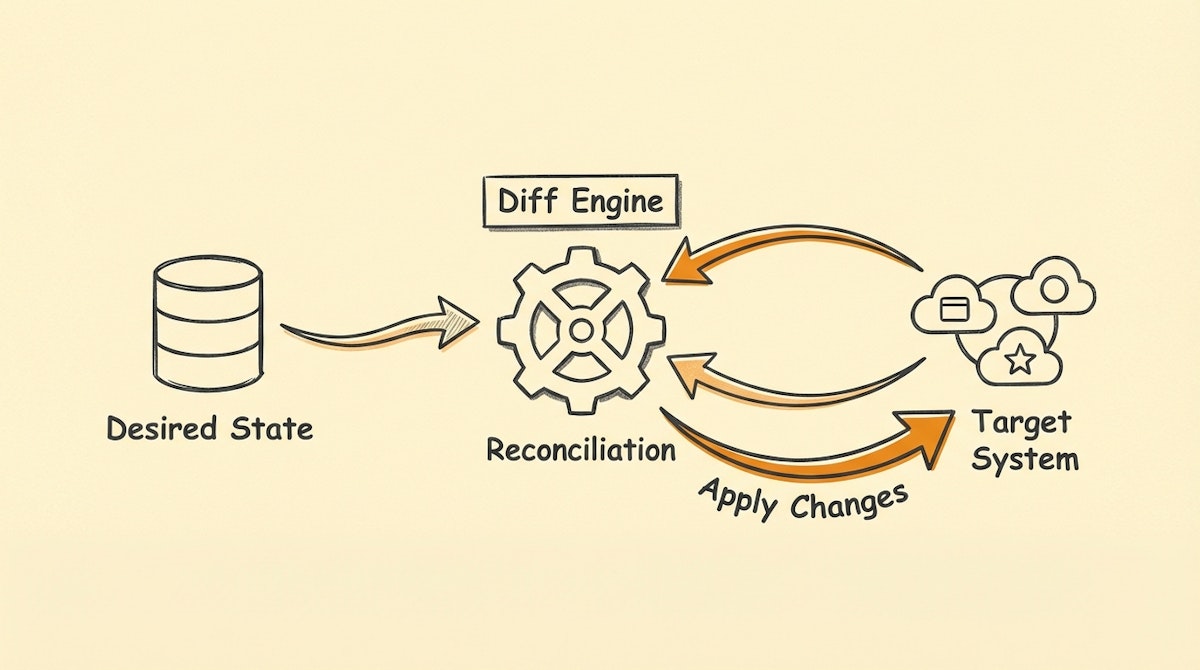 Diagram showing the Idempotent Provisioning architecture with a Source of Truth database, a Difference Engine, and the Target Application.