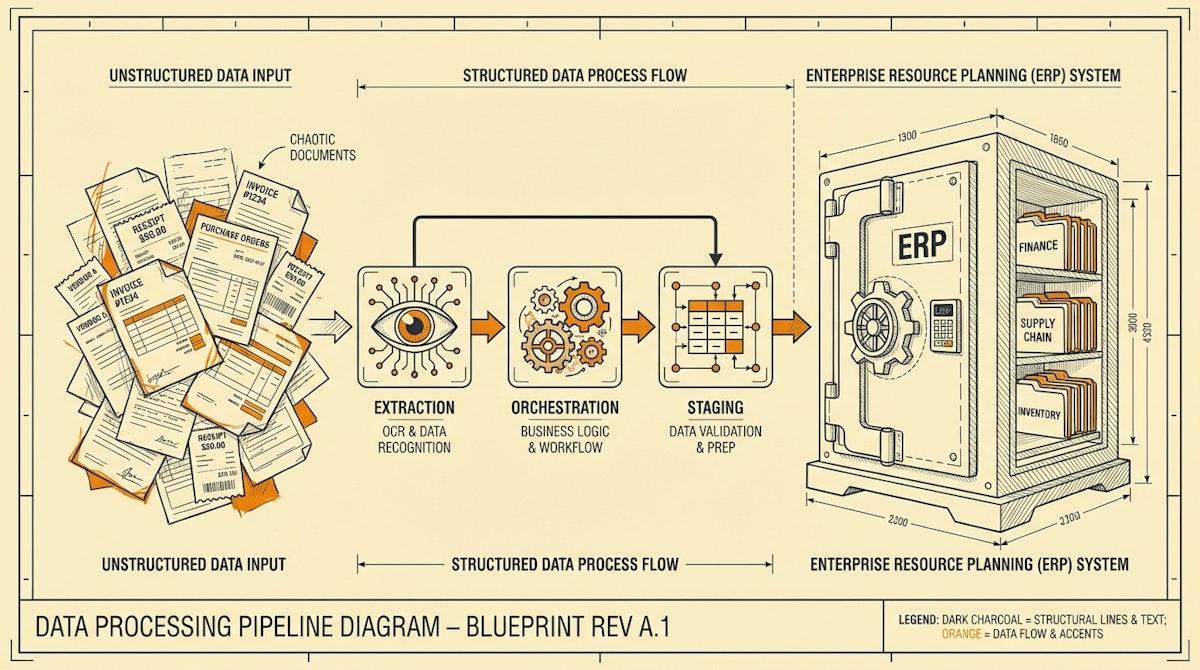 Diagram showing the flow of unstructured financial data through an extraction layer, a staging database, and finally into an ERP.