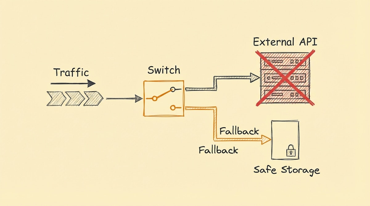 Diagram showing a data flow being diverted by a switch labeled 'Circuit Breaker' away from a failed API and towards a fallback database.