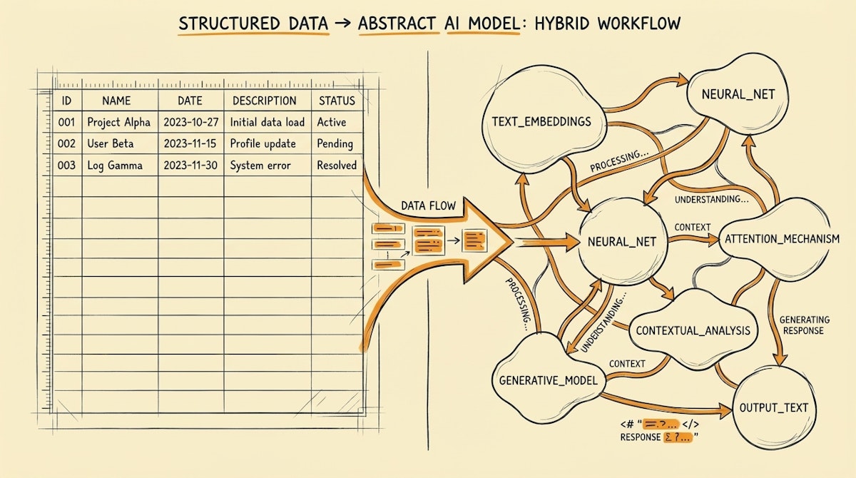 Diagram contrasting a rigid database table structure against a fluid neural network cloud for data processing.