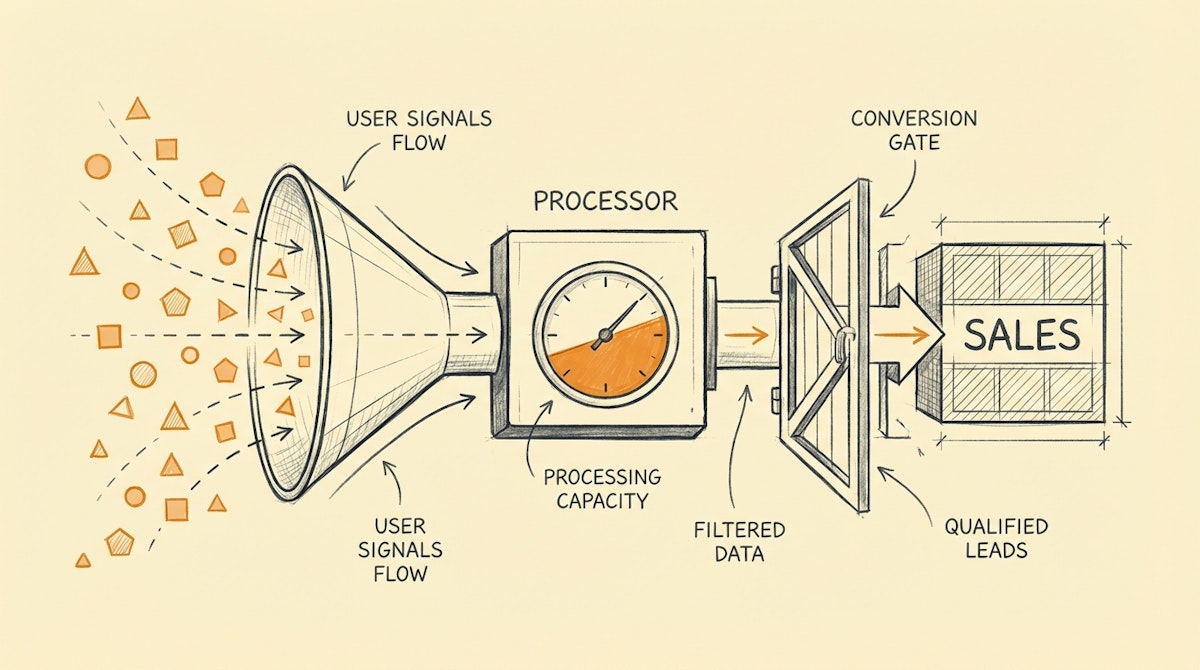 A diagram showing how scattered user behavior signals are collected into a single funnel that unlocks a gate for the sales team.