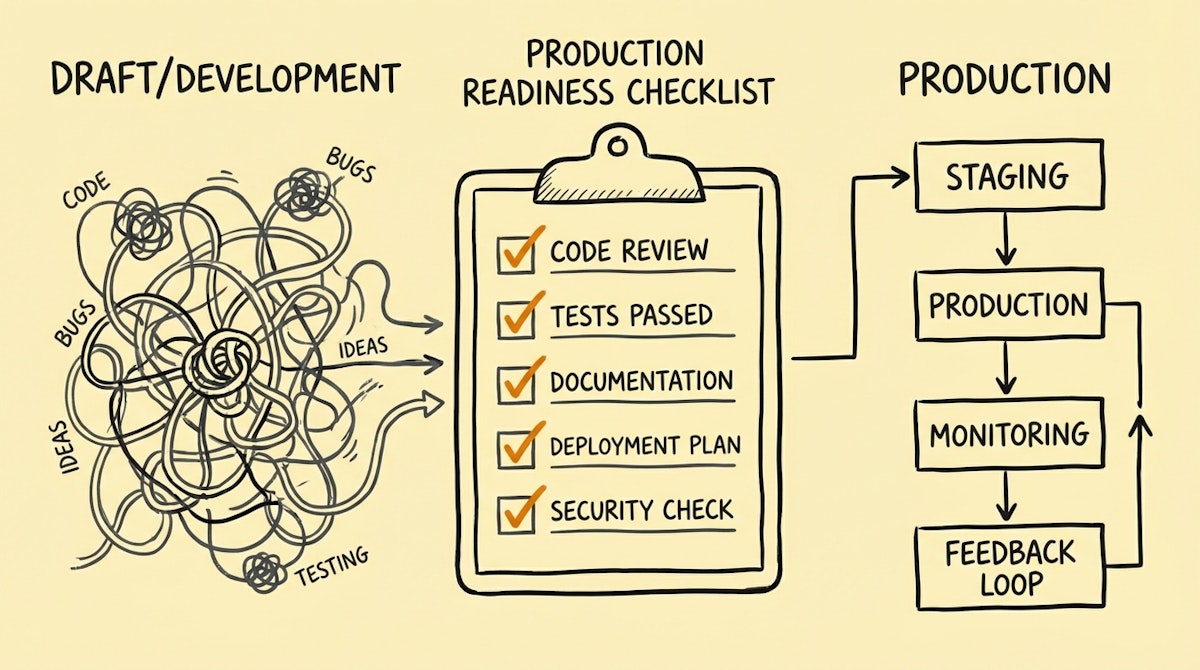 A schematic checklist diagram acting as a quality gate between development and production.