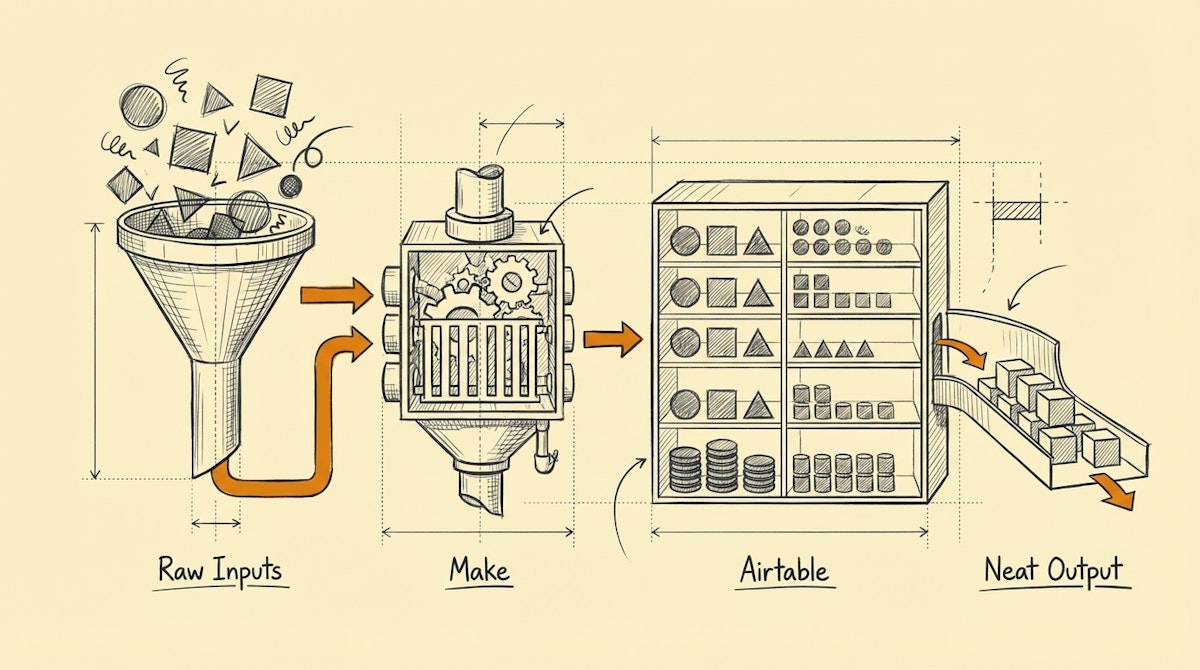 A technical diagram showing data flowing through a filter system representing Make and Airtable.