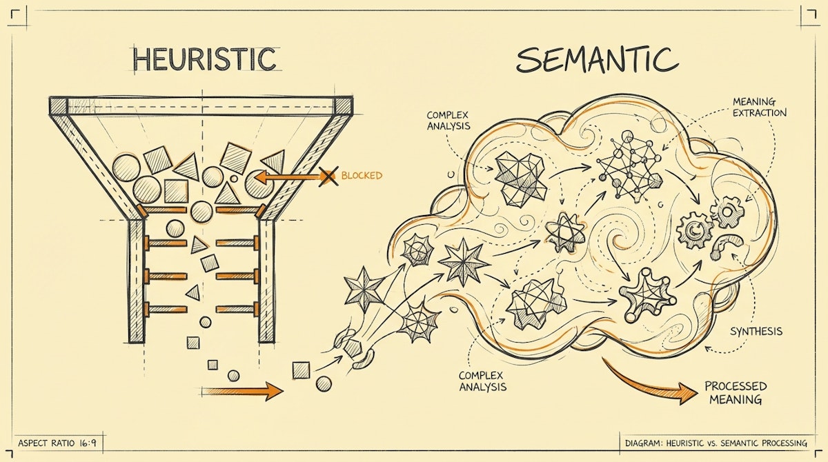 Diagram comparing a linear logic gate system versus a cloud-based semantic analysis cloud for lead scoring.
