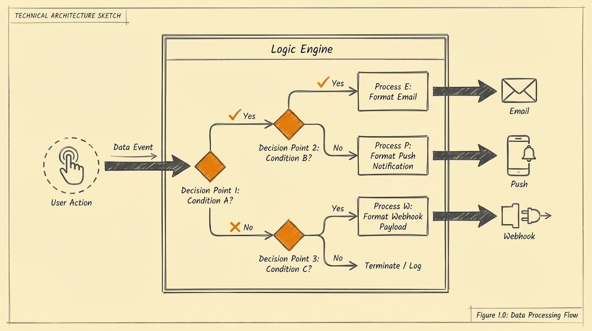 Schematic diagram showing data events flowing from a database into a logic engine which then routes to email and webhooks.