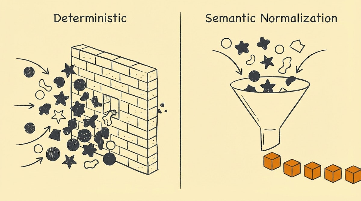 A diagram comparing a rigid brick wall filter that blocks data versus a flexible funnel that reshapes data into neat blocks.
