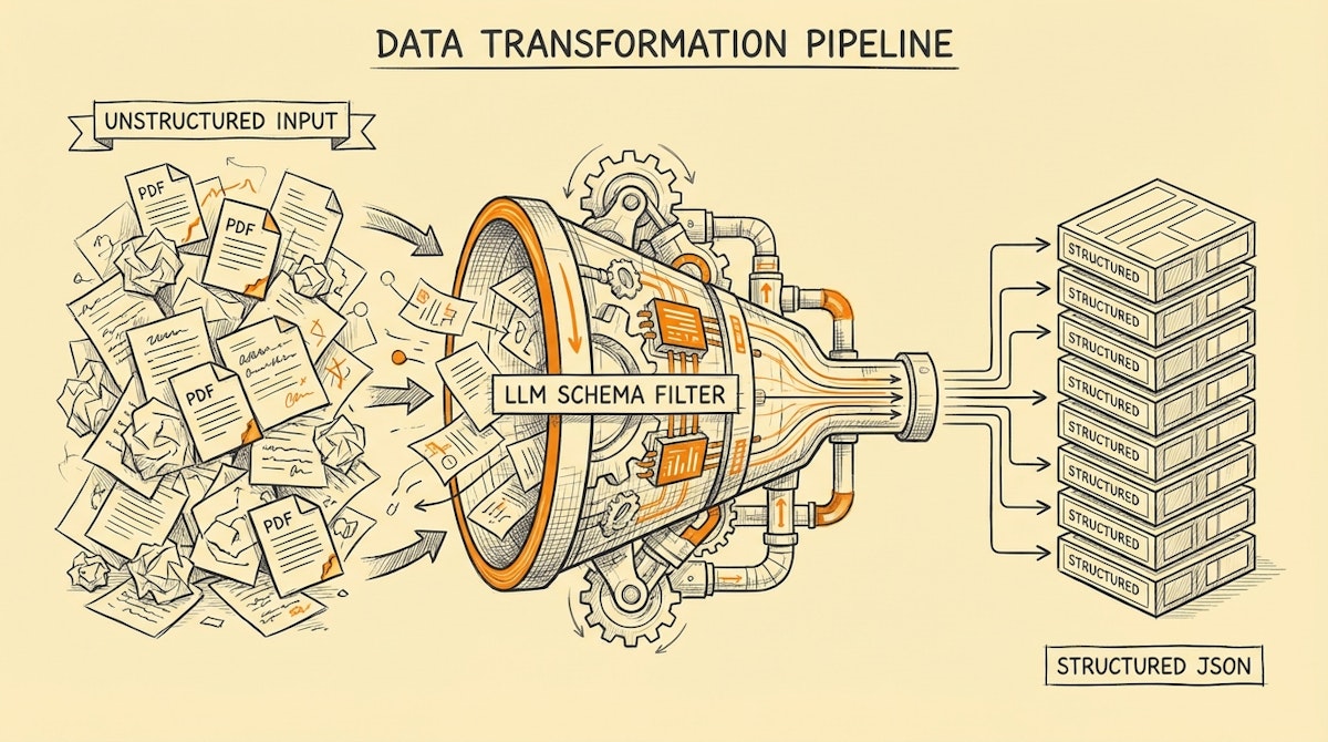 Diagram showing messy document inputs flowing through a schema filter and becoming structured database records.