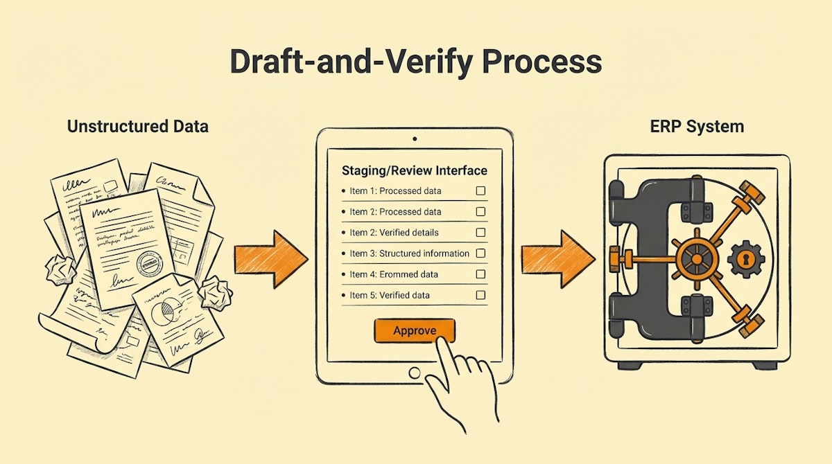Diagram showing data flow from unstructured documents to a staging area for human review before entering the ERP system.