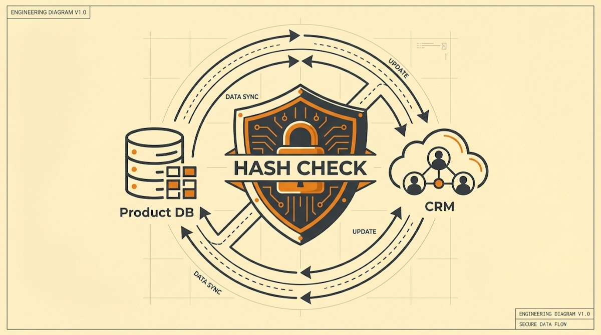 Diagram showing a bi-directional data sync between two systems with a central hash-check shield preventing an infinite loop.