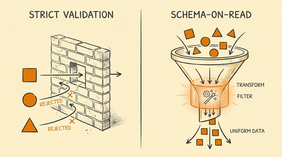 Diagram comparing a rigid data filter blocking inputs versus a funnel transforming messy inputs into structured blocks.